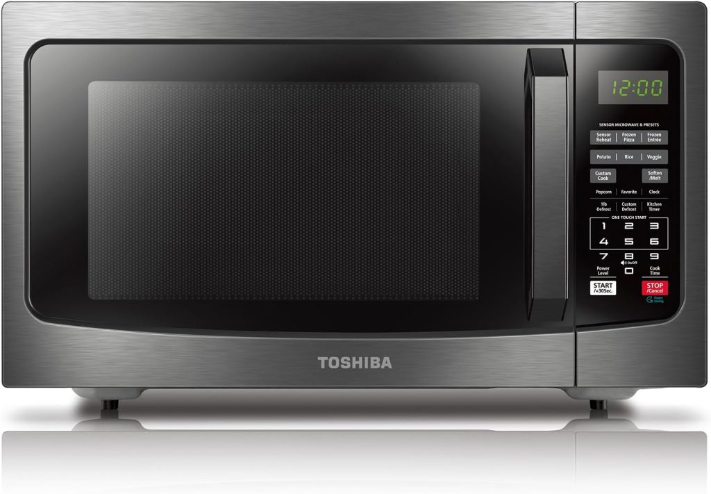 TOSHIBA EM131A5C-BS Countertop Microwave Ovens 1.2 Cu Ft, 12.4" Removable Turntable Smart Humidity Sensor 12 Auto Menus Mute Function ECO Mode Easy Clean Interior Black Color 1100W