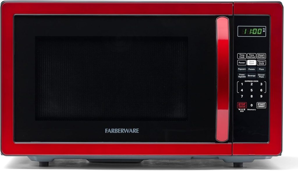 Farberware Countertop Microwave 1000 Watts, 1.1 cu ft - Microwave Oven With LED Lighting and Child Lock - Perfect for Apartments and Dorms - Easy Clean Metallic Red