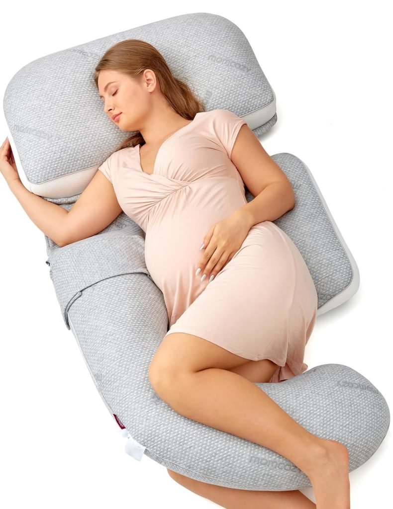 Momcozy G Shaped Pregnancy Pillow, Original Detachable Maternity Pillow with Flexible Belly Wedge Pillow for Pregnant Women, Full Body Support Pillows with Air Layer Cover, Grey and White