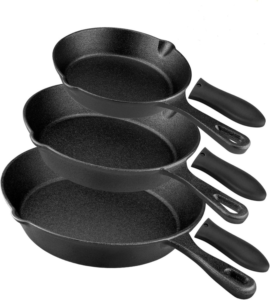 Pre-Seasoned Cast Iron Skillet 3 piece Cast Iron Frying Pan set with Heat-Resistant Handles - 6 inch, 8 inch and 10 inch Cast Iron Set, For Frying, Saute, Pizza, Oven Safe (Black)