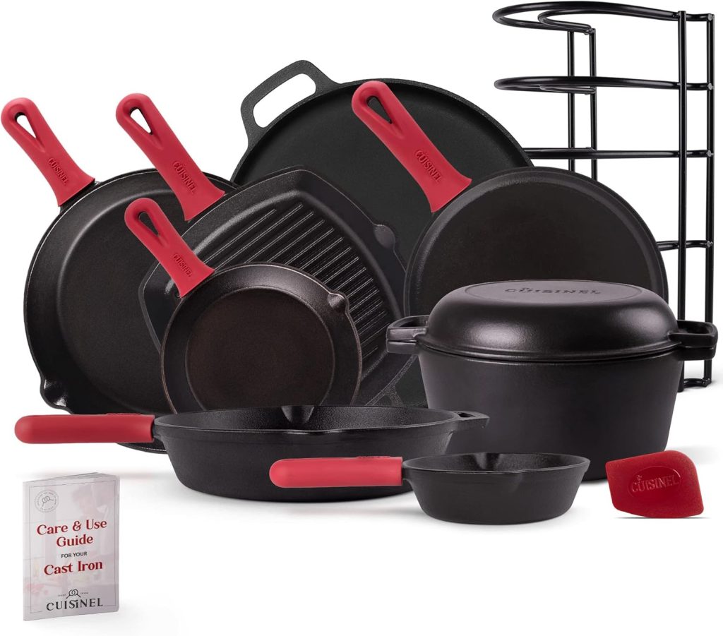 Cast Iron Cookware 18-Piece Set - Pre-Seasoned 6" + 8" + 10" + 12" Skillet + Grill Pan+Lid + Griddle + Pizza Pan + Dutch Oven+Cover/Pan + Panrack + Silicone Handle Cover + Pan Scraper/Cleaner