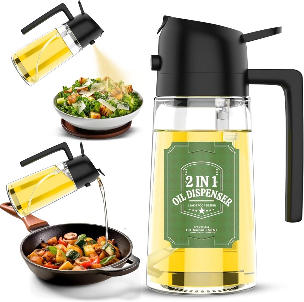 Oil Dispenser for Kitchen – Oil Sprayer for Cooking and Olive Oil Dispenser Spray Bottle, 2 in 1 Oil Dispenser and Oil Sprayer, Pourer & Oil Mister for Air Fryer, Barbecue, Salad 16oz/470ml (Black)