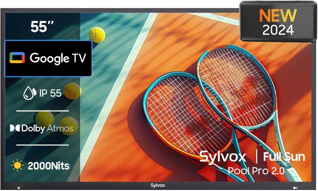 SYLVOX Outdoor TV, 55-inch Waterproof Smart TV, 2000nits Full Sun TV, 4K, Dolby Atmos, HDR 10, Weatherproof Television with Voice Assistant Remote(Pool Pro 2.0, Latest Model)