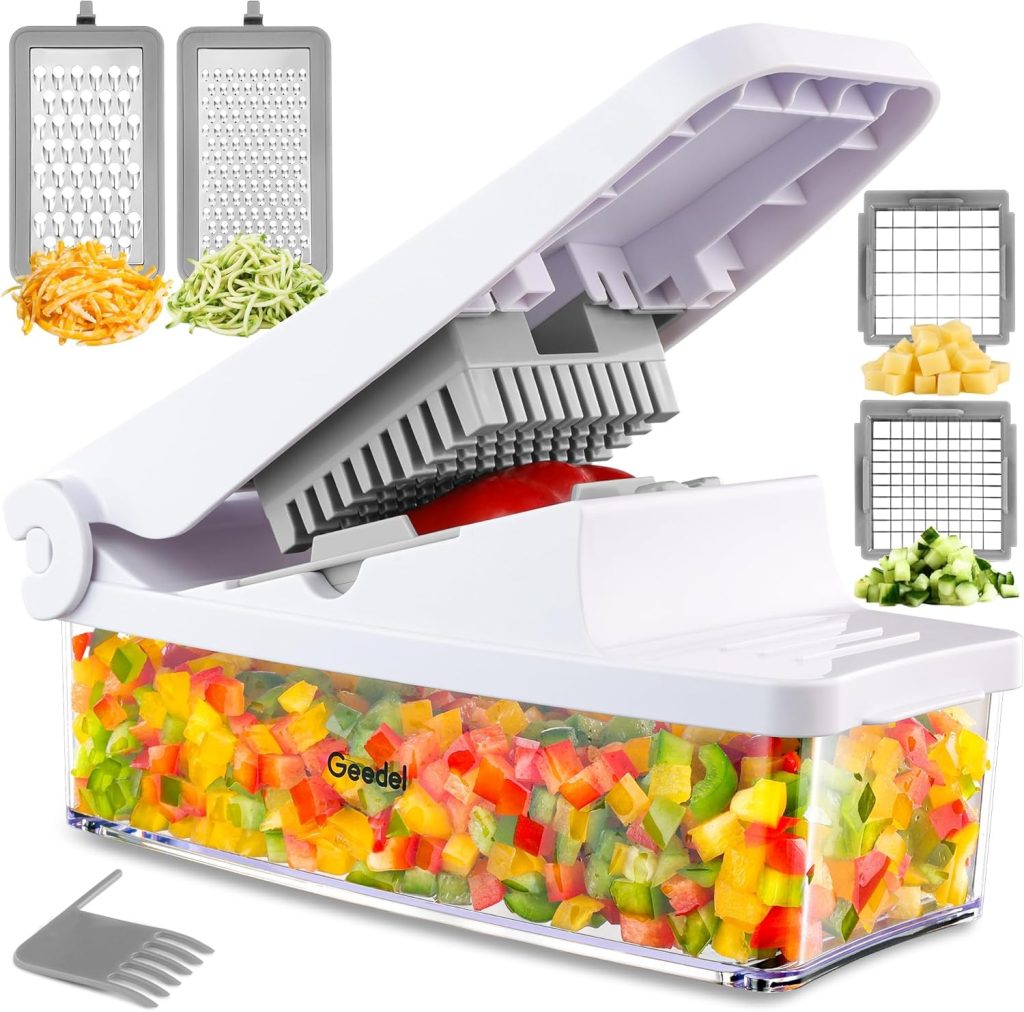 Geedel Vegetable Chopper, Onion Chopper Pro Food Chopper, Kitchen Vegetable Slicer Dicer Cutter Grater, Veggie Chopper with container for Salad Onion Potato Carrot (4 in 1, White)