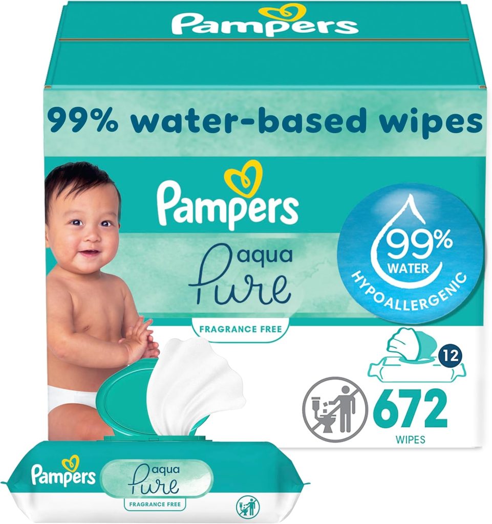 Pampers Baby Wipes Aqua Pure, 99% water-based wipes, Hypoallergenic and Unscented Baby Wipes, 672 Wipes Total (12 Flip-Top Packs)