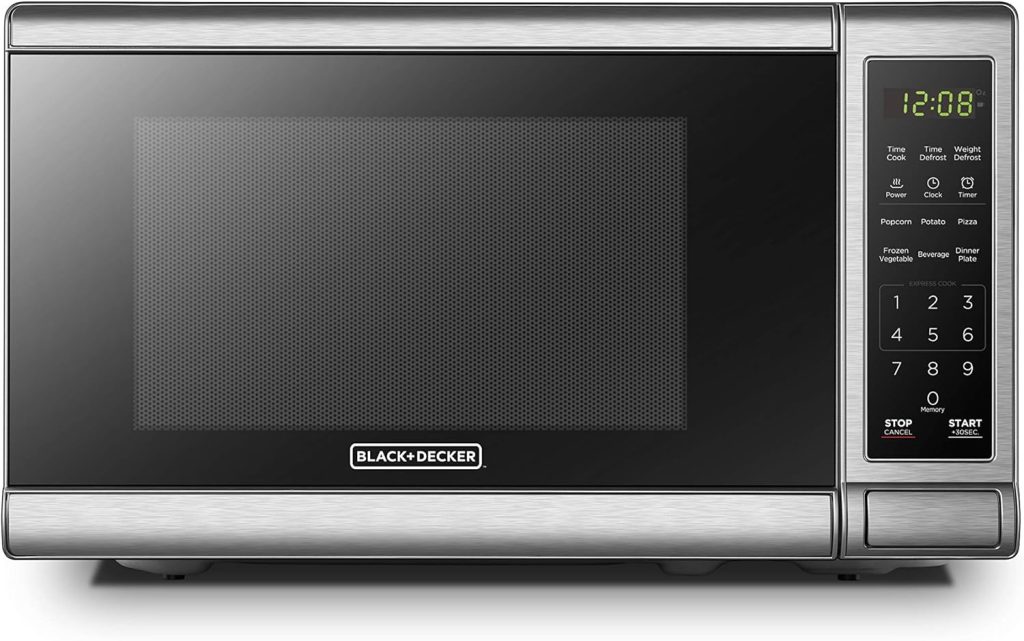 BLACK+DECKER EM720CB7 Digital Microwave Oven with Turntable Push-Button Door, Child Safety Lock, 700W, Stainless Steel, 0.7 Cu.ft