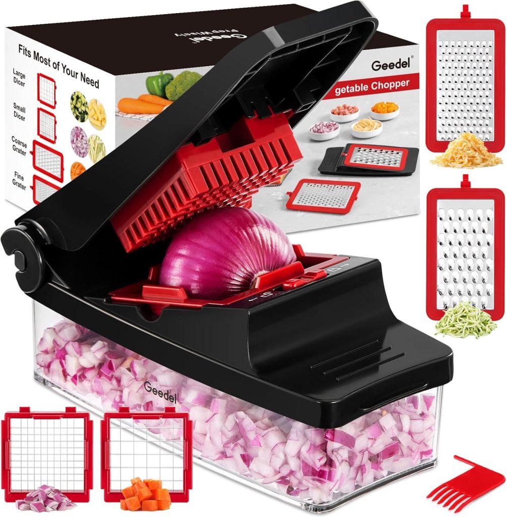 Geedel Vegetable Chopper, Onion Chopper Pro Food Chopper, Kitchen Vegetable Slicer Dicer Cutter Grater, Veggie Chopper with container for Salad Onion Potato Carrot (4 in 1, Red)