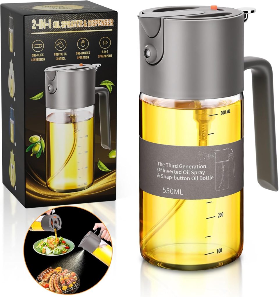 Oil Sprayer for Cooking, 2 in 1 Olive Oil Dispenser Bottle for Cooking,500ml/17oz Glass Olive Oil Sprayer, Patented Product, Continuous Spray with Portion Control, for Kitchen, Air Fryer, Salad, BBQ