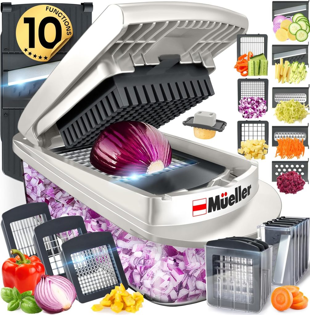 Mueller Pro-Series 10-in-1, 8 Blade Vegetable Chopper, Onion Mincer, Cutter, Dicer, Egg Slicer with Container, French Fry Cutter Potatoe Slicer, Home Essentials & Kitchen Gadgets, Salad Chopper